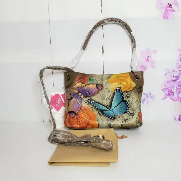 Anuschka Anna Butterfly Floral Paradise Hand Painted Leather Crossbody Bag